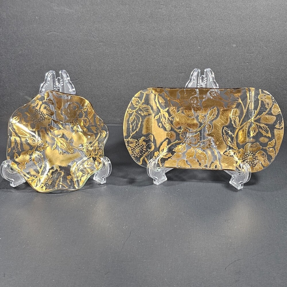 Vtg Set of 2 Ricco Verre Midcentury Hollywood Regency 22k Gold Trinket Dishes